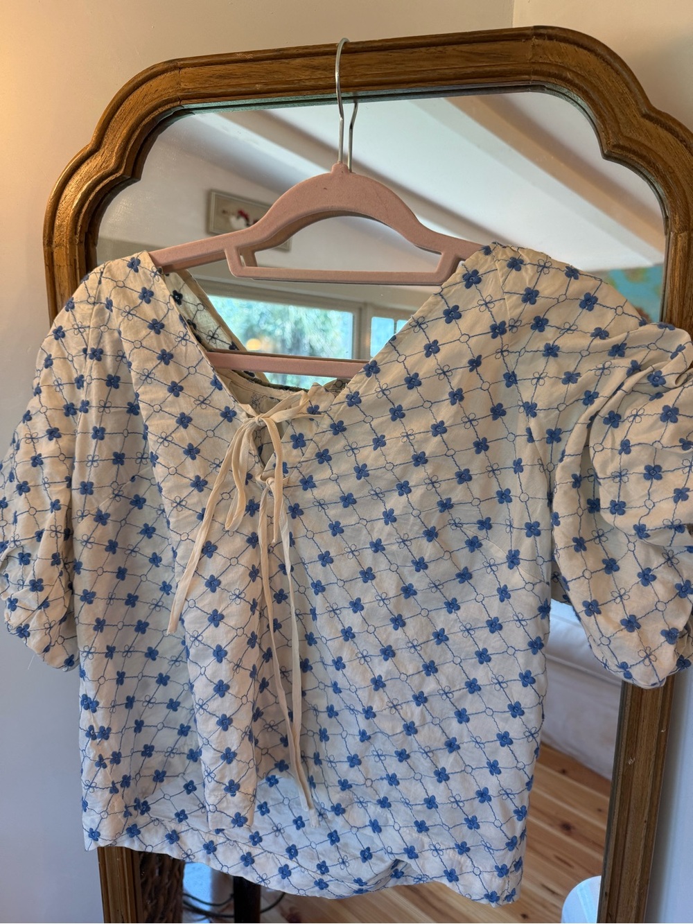 LOFT White Eyelet Blouse with Blue Floral Grid Embroidery